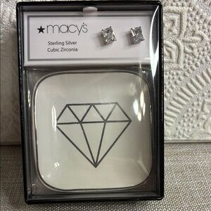 Macy's Sterling Silver Cubic Zirconia Studs with ceramic jewelry dish